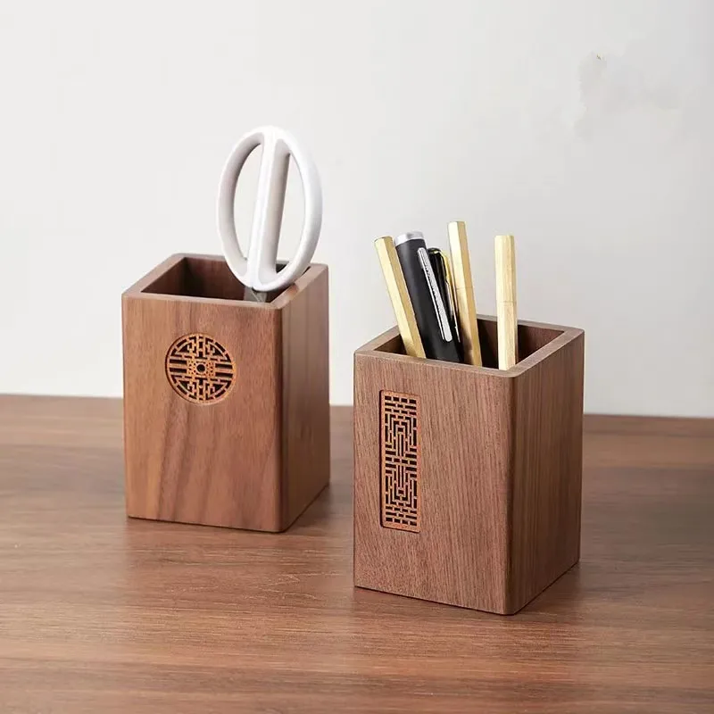 1Pc Solid Wood Multifunctional Pen Holder Retro Desktop Organizer with Engraving Office Storage Box for Pencils Phone Stand New