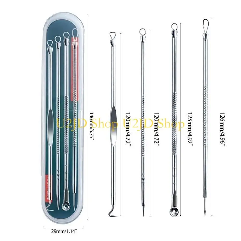 U2JD 4PCS สแตนเลสสิวการกำจัดสิวเข็มสิวเครื่องมือล้างหัวดำเครื่องมือช้อนใบหน้าเครื่องมือดูแลผิวสำหรับทำความสะอาดรูขุมขนบนใบหน้า