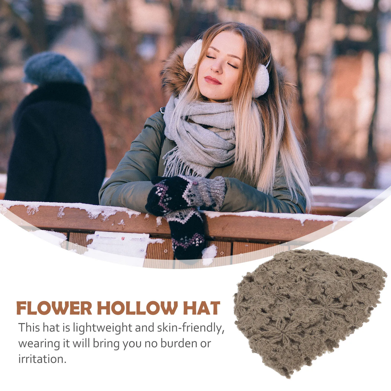 

Warm Knitted Beret Hat for Women Flower Hollow Style Cozy Lightweight Winter Cap for Hiking Camping Sports