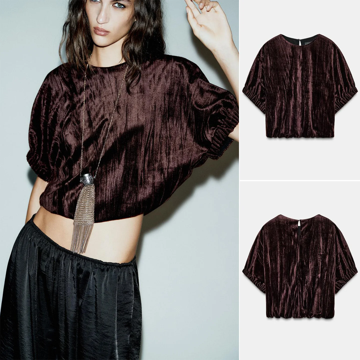 

Winter New Women's Simple Sle ort Sve round Ne Balloon Silhouette Velvet Top Skin-friendly Breathable Loose Fit irt