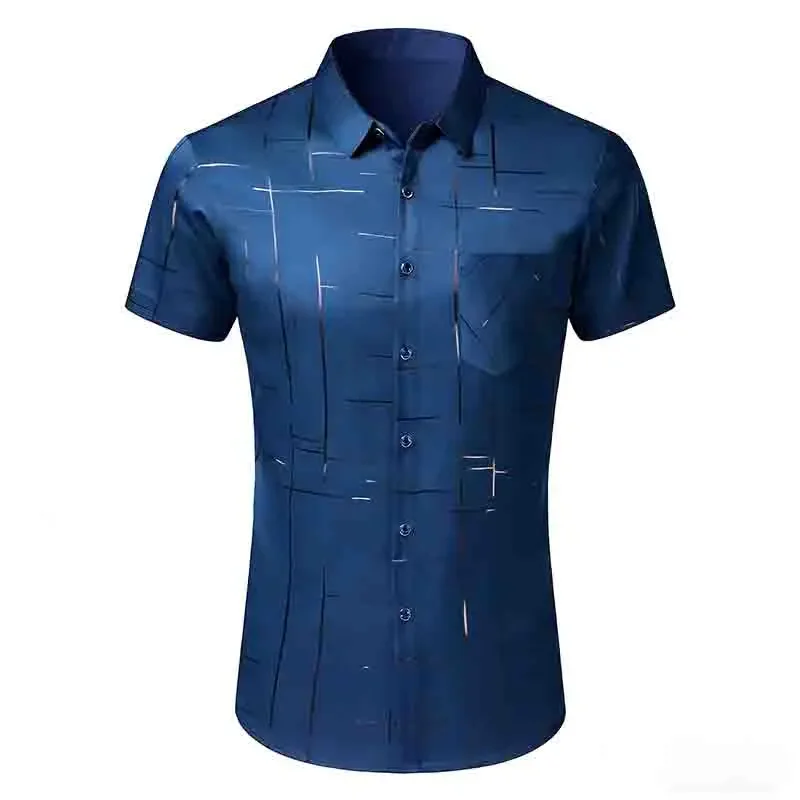 Breathable Men's Short Sleeve Dress Shirt 2026 Line Print Formal Work Office Top