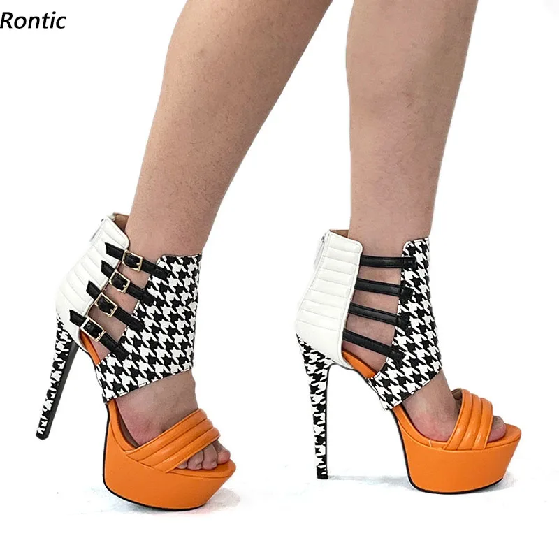 

Rontic, женские сандалии ручной работы на платформе, пикантные туфли на тонком высоком каблуке с круглым носком, красивая оранжевая повседневная обувь, женская обувь США, большие размеры 5-20