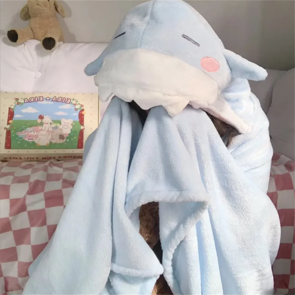 New Super Soft Cute Cartoon Shark Cape Blanket Cloak Nap Shawl Blanket Universal Student Air Conditioning Blanket Hooded Nap