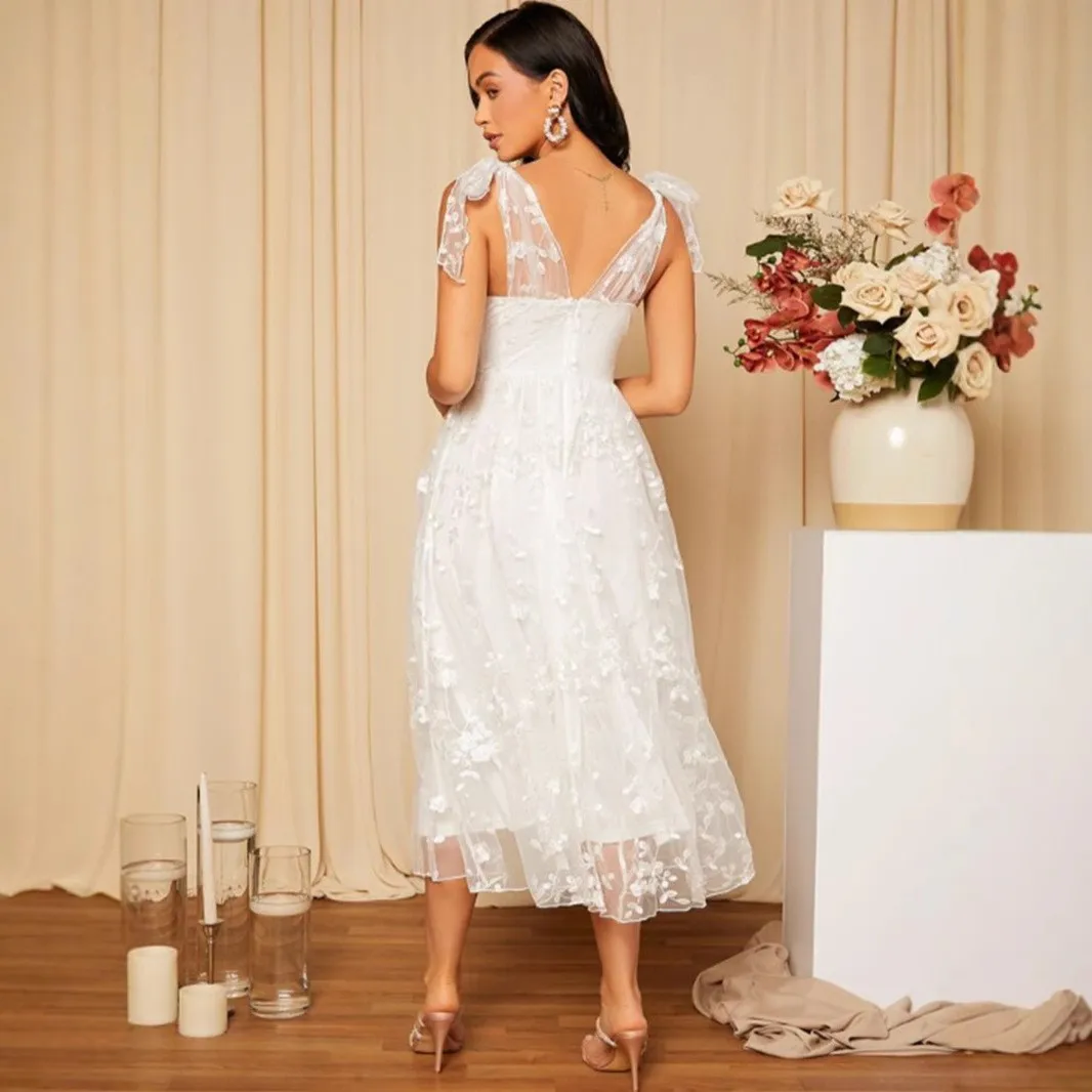 Women's Elegant Summer Wedding Guest Dress A Line V Neck Midi Lace Chiffon Embroidery Sleeveless Party Dress for Wedding 2026