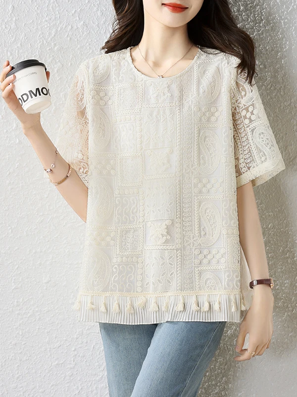 

Slimming Large Size Women's Fashionable High-End Embroidered Hollow Short Sleeve T-Shirt Summer Loose Versatile Slimming Top