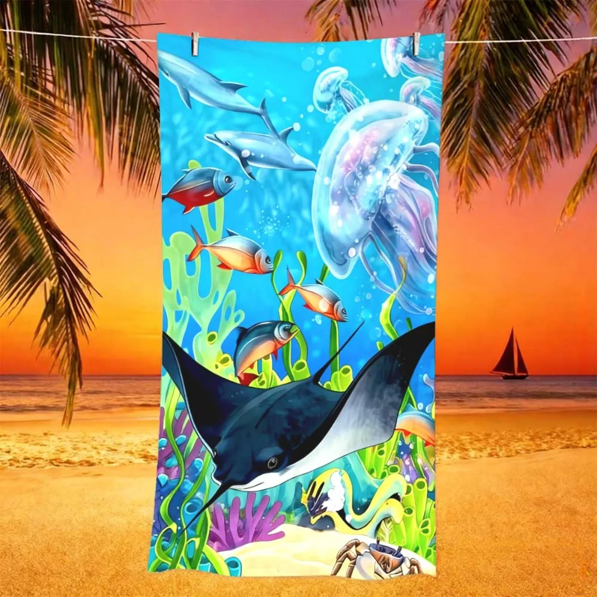 Watercolor Teal Coral Sea Turtle Underwater Scene Super Absorbent Large Beach Towel Ocean Theme Pool Shower Towel