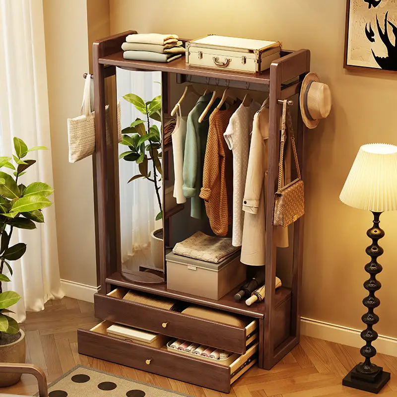 Solid wood hanger with mirror integrated storage rack, home standing full body, rotating bedroom vanity
