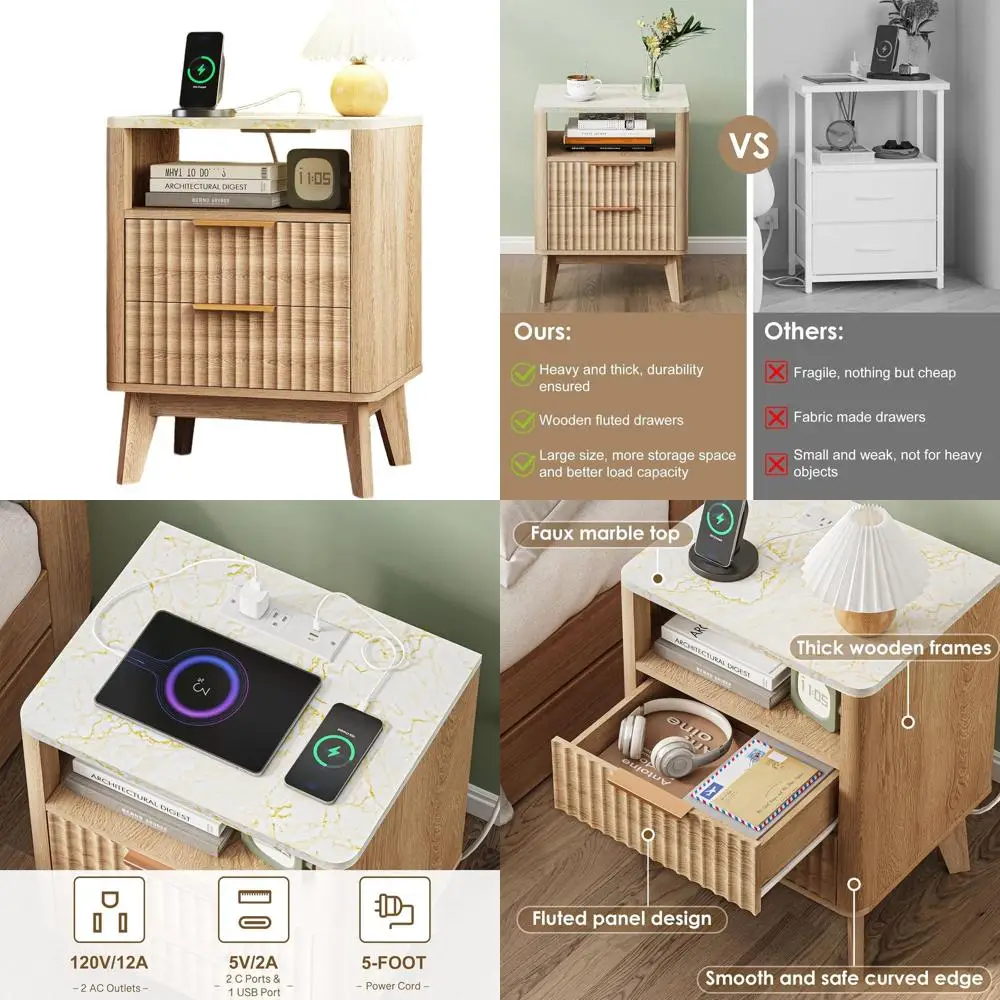 

Mid-Century Modern Nightstand with Charging, Large Side Table, 2 Drawers, Faux Marble Top, Natural Oak, 17.7 x 13.7 x 23.6