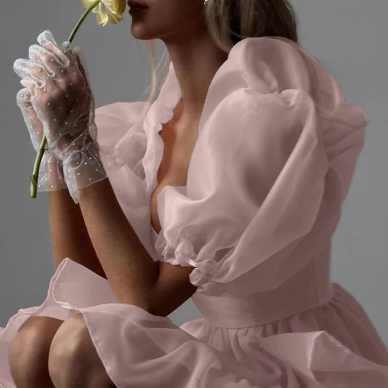 

French Sweet Puff Sleeve Princess Dress Fashion Chest Wrap High Waist Women's Party Dress Summer Ruffle Design Slim Pink Dresses