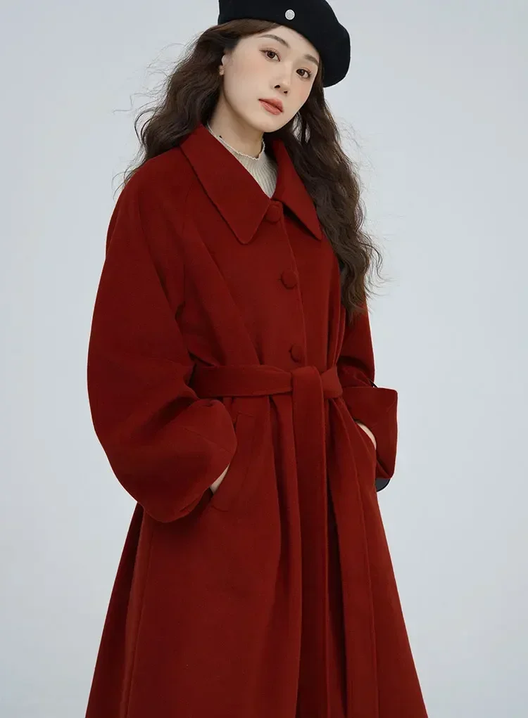 Vintage Red Wool Cape Coat with Belt, Loose Fit, Retro Style, Women's Warm Woolen Outerwear, Casual Chic Coat for Fall Winter