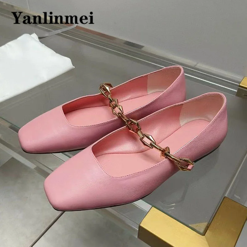 

New Ballet Flat Shoes For Women Square Toe Shallow Mules Fashion Metal Chain Runway Shoes Genuine Leather Cosy Walk Shoes Woman