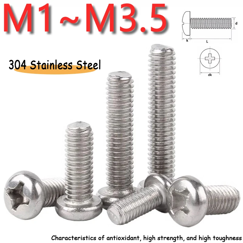 

10~500pcs Cross Round Phillips Pan Head Screw Bolt M1 M1.2 M1.4 M1.6 M2 M2.5M3M3.5 304 A2 Stainless Steel Phillips Machine Screw