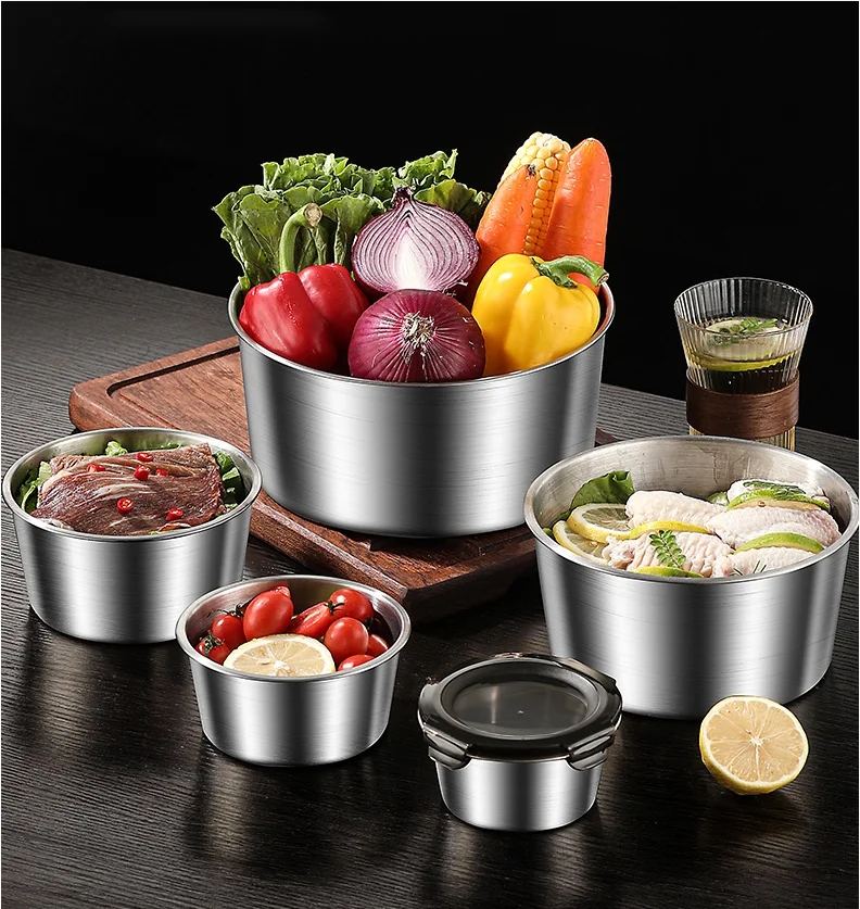 

304 stainless steel fresh-keeping box, food grade round lunch box, picnic fruit bento box, sealed with lid, bowl packaging