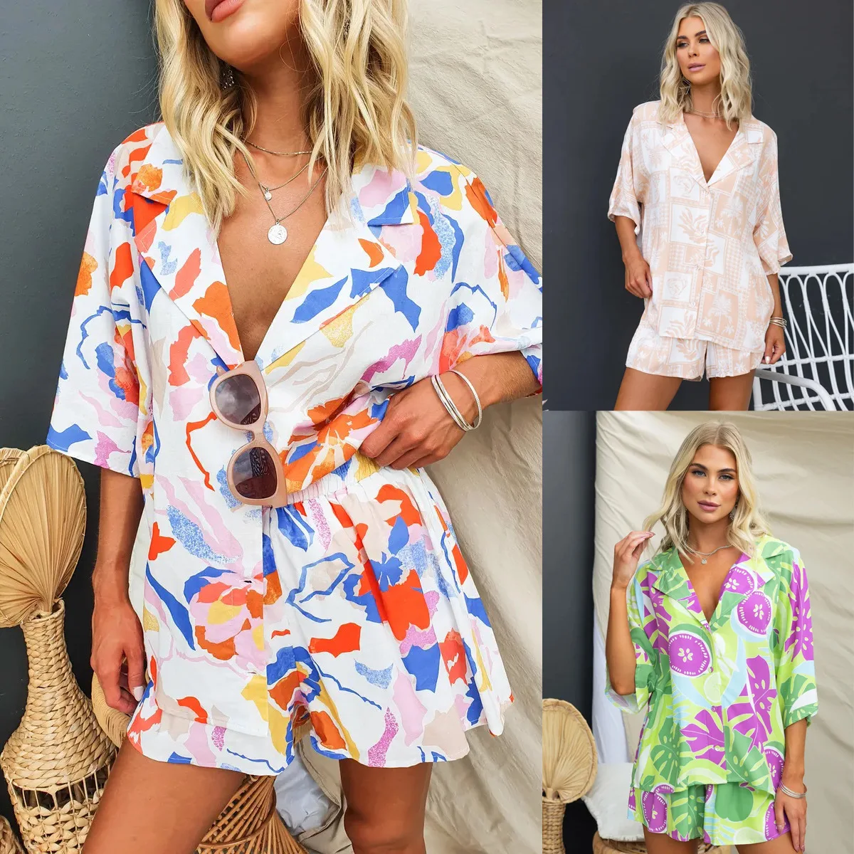 

Women Spring Summer New Lapel Casual Multi-color Set Loose Elastic Waist Two-piece Set Short Sleeve Shirts & Shorts Pants