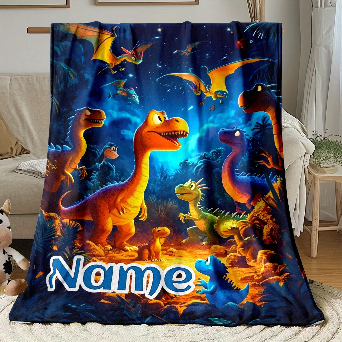 1pc Custom Name Cute Dinosaur Family Printed Blanket Lightweight Flannel Sofa Throw Suitable for Sofa, Bed, Travel, Living Room