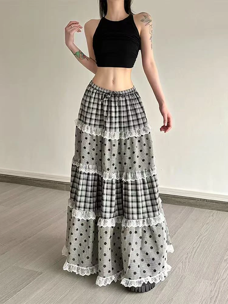 Vintage Patchwork Plaid Midi Rokken Vrouwen Y2K Sweet Lolita Alle Match Een Lijn Rokken Japanse Losse Preppy Casual Geplooide Rokken