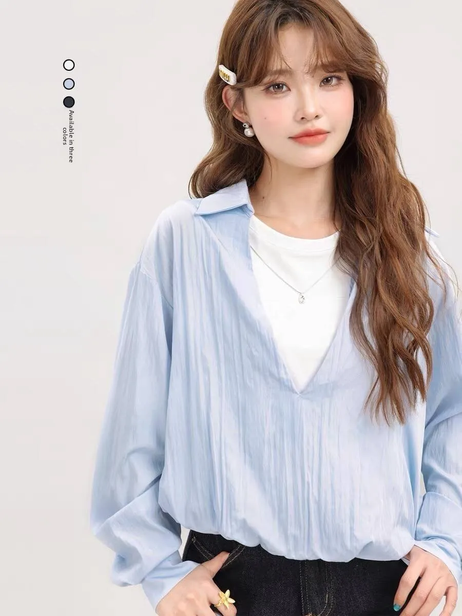 

Женская модная блузка больших размеров в корейском стиле, с коротким воротником, имитация двухслойности, повседневная, свободного кроя, с пэчворком