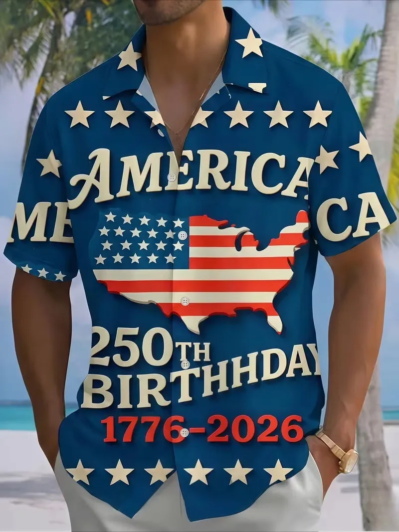 Patriotic America 250 Years Hawaiian Shirt For Men Short Sleeve Button Up Aloha Shirt 4th Of July Independence Day Party Shirts