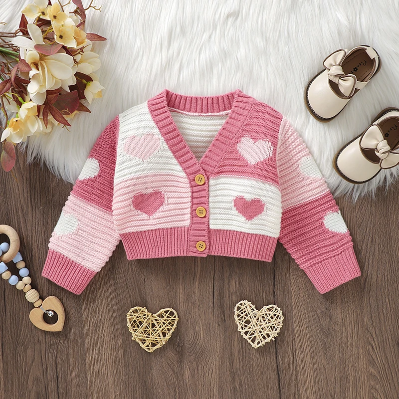 Baby Sweaters Knit Infant Girl Cardigan Fashion Loving Spliced Newborn Chlid Clothing Long Sleeve Autumn Outerwear Knitwear Cute