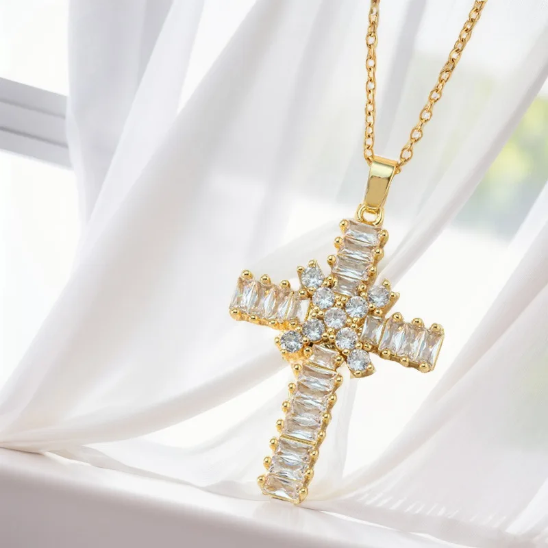 ZAKOL Fashion Hip Hop Cross Pendant Necklace for Women Men Shiny Zircon Wedding Party Choker Jewelry Wholesale