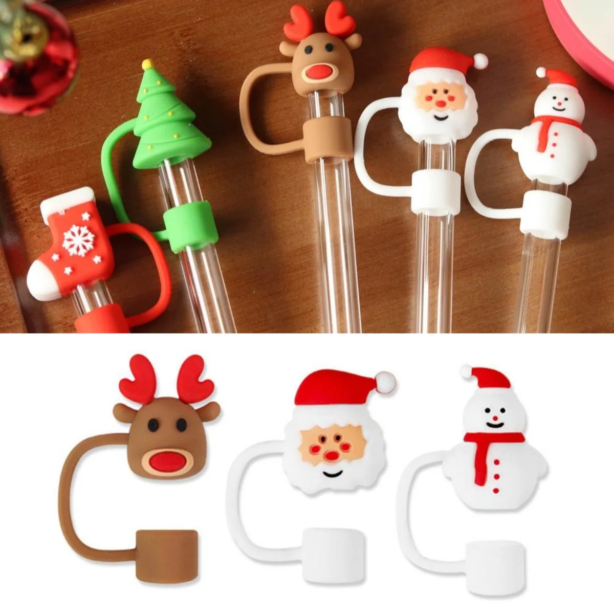 10mm Christmas Straw Covers Cap for Stanley Cup Accessories Waterproof Water Bottle Silicone Straw Tips Lids Protector Xmas Gift