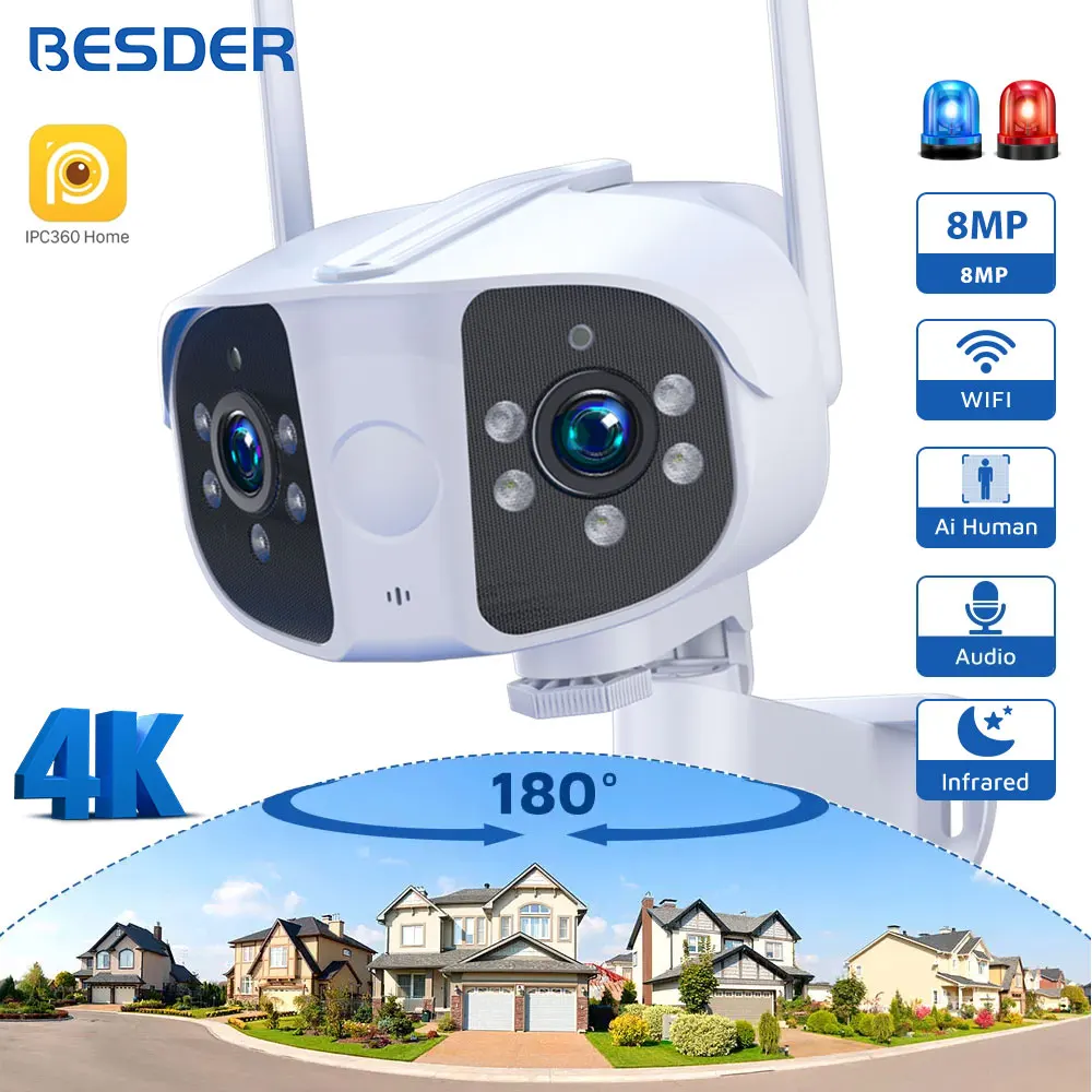 BESDER 8MP IP Camera Outdoor Night Vision Panoramic 180° Wide Angel 4K CCTV Wifi Surveillance Camera Human Detection IPC360 Home