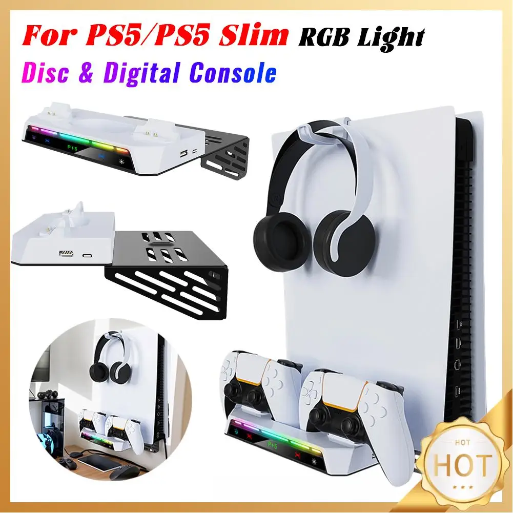 Shelf Floating Mount with Charging Station RGB Light Wall Bracket W/ Headset Holder for PS5 and PS5 Slim Consoles Disc & Digital