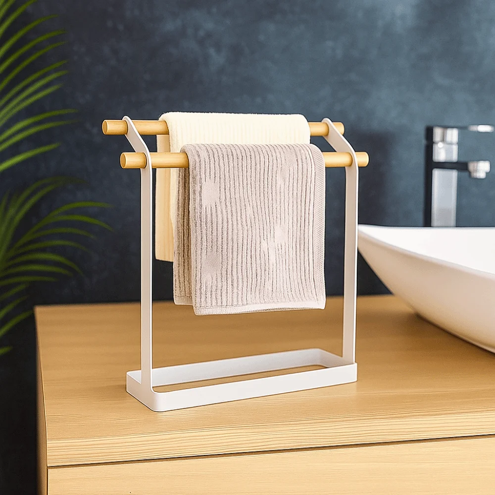 

Metal Free Standing Towel Rack Stable Double Bar Towel Drying Rack Simple Washcloth Dishcloth Hanger Laundry Rooms