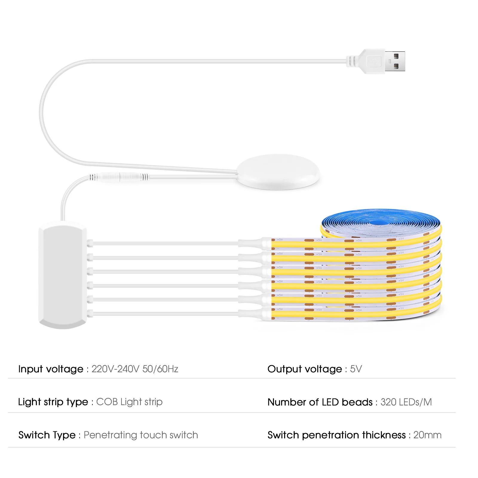 6/5/4/3/2/1 Pcs 5V COB LED Strip Light With USB Penetrating Wood Touch Dimmer Switch For Acoustic Panel Cabinet Shelf Lighting image 2