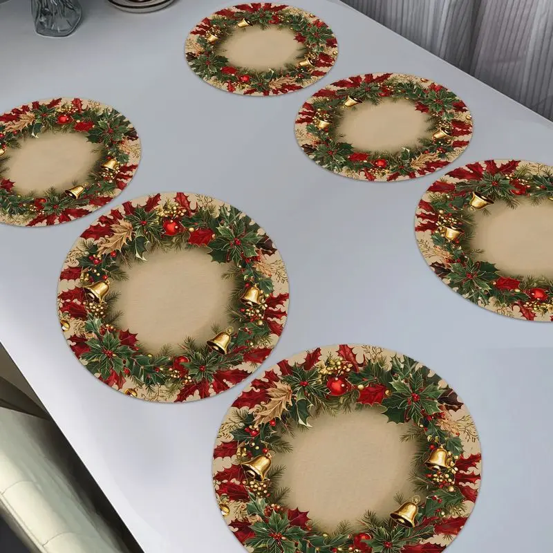 VIKAMA Retro Holly Golden Bell Placemat - Christmas Wreath Heat Resistant Mat, Holiday Tray & Table Decoration