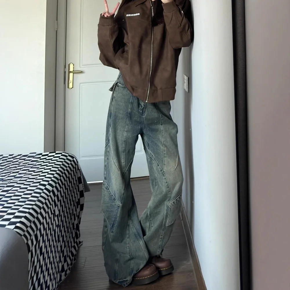 Unsiex Jeans 2025 Herfst Retro Gewassen Panelen Cargo Denim Broek Man Vrouwen High Street Wijde Pijpen Rechte Pijpen Vloer Slim Fit Jeans