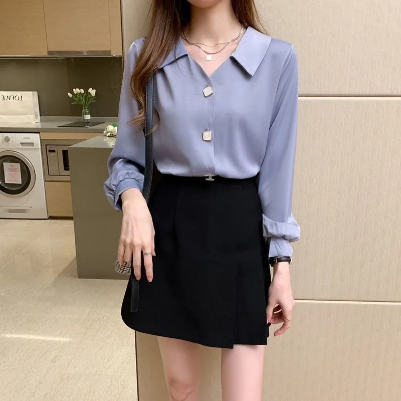 Blouses Women Trendy Chiffon Classy Casual Mujer Unique Aesthetic Solid All-match Lantern Sleeve Tender Baggy Blue Temperament