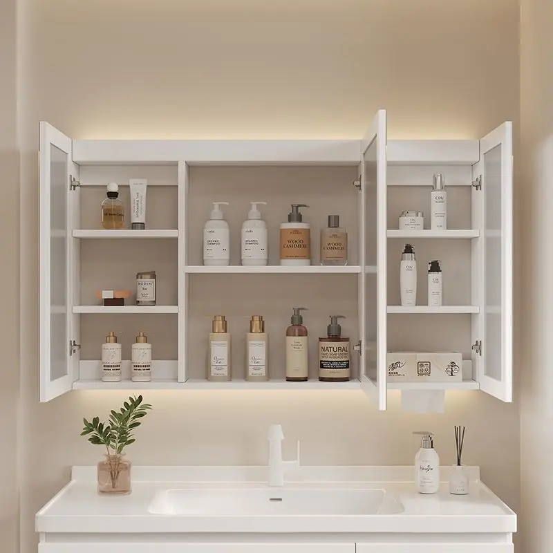 Armoire à miroir de salle de bain, lumière stratifiée de porte en verre murale, support de miroir de salle de bain, rangement séparé