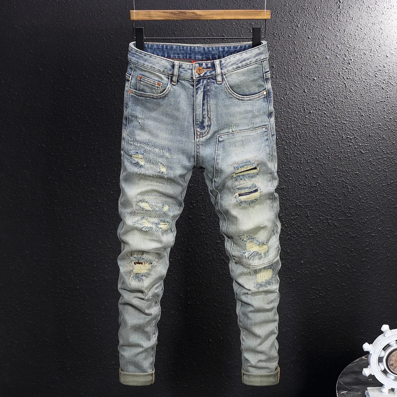 High Street Designer Fashion Men Jeans High Quality Retro Blue Stretch Slim Fit Ripped Jeans Men Embroidery Vintage Denim Pants