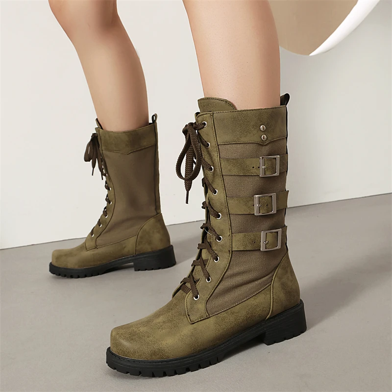 

Сапоги до середины икры с заклепками и пряжкой на ремне с перекрестной завязкой на плоской подошве и толстом каблуке, классические ботинки в стиле вестерн на нескользящей резиновой подошве