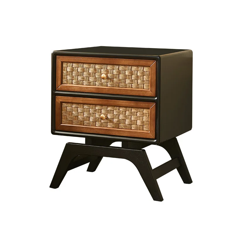 

Solid wood bedside table Modern simple bedroom storage locker Rattan small apartment household mini small shelf