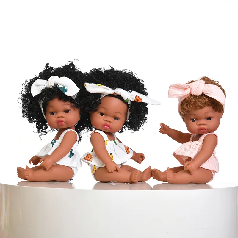 

33cm Cute African Black Reborn Doll Toy Vinyl Doll Realistic African Doll Joint Movable Chocolate Skin Curly Hair Play House Toy
