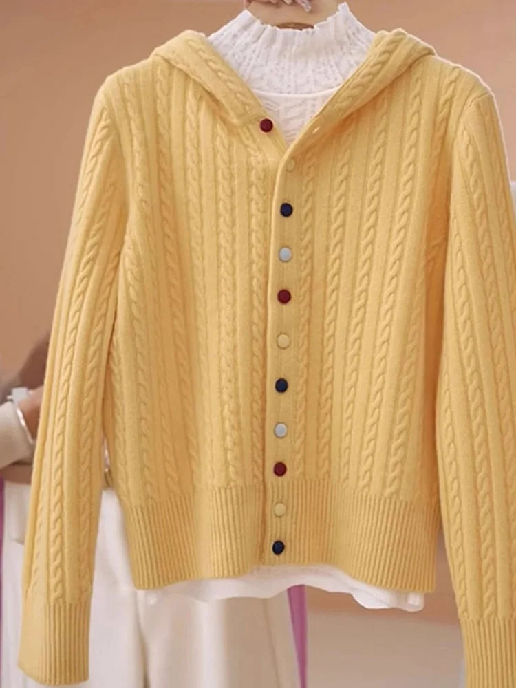 Ele Long Sve سترة مشغولة من الصوف مقنعين عادية Faion الشتاء سترة عادية تويست لون نقي تخفيف Sle منتظم صالح