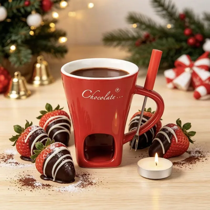 2026 New Home Chocolate Melting Cup Chocolate Melting Fondue Mug Ceramic Butter Warmer Pot Chocolate Melting Supplies with Fork