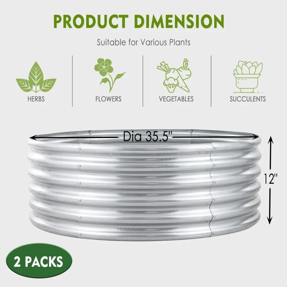 

FORTUNO 2 Pack 3 Ft Round Galvanized Raised Garden Bed Box 36 Inches Metal Outdoor Flower Bed Steel Patio Ground Planter for Pla
