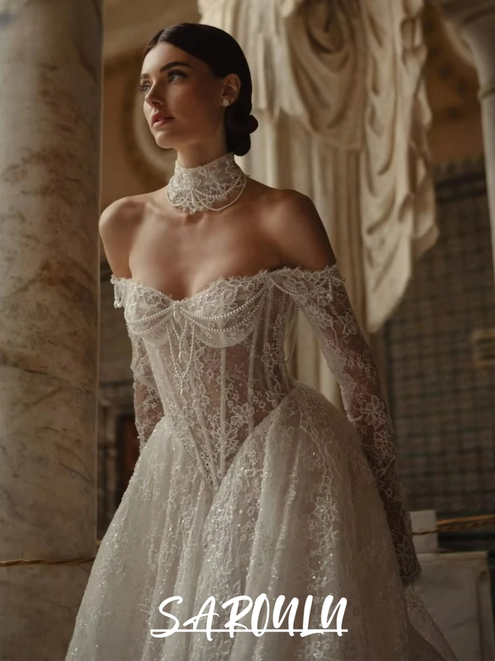 

Princess Shimmering Long Wedding Dress, Romantic Pearls Lace A Line Bride Wear, Low Back, Delicate Off Shoulder Bridal Gown