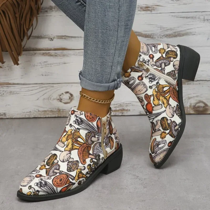 Women Mushroom Printed Ankle Boots  Autumn Zipper Pointed Thick Heel Retro Short Boots Platform Shoes Botas De Mujer Zapatos