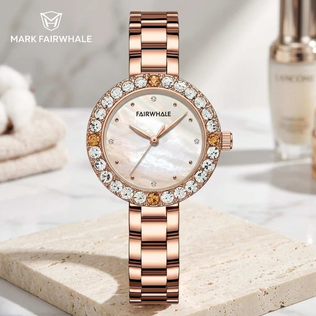 Mark Fairwhale Elegant Ladies Quartz Watch Round Case Shell Dial Sparkling Rhinestone Bezel Metal Strap Female Wrist Watch