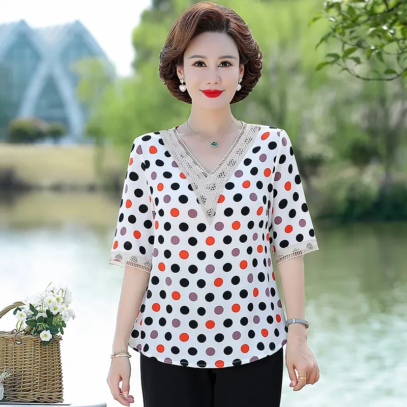 

Женская блузка из шифона с цветочным принтом, кружевным V-образным вырезом и рукавами 3/4, больших размеров, повседневный топ