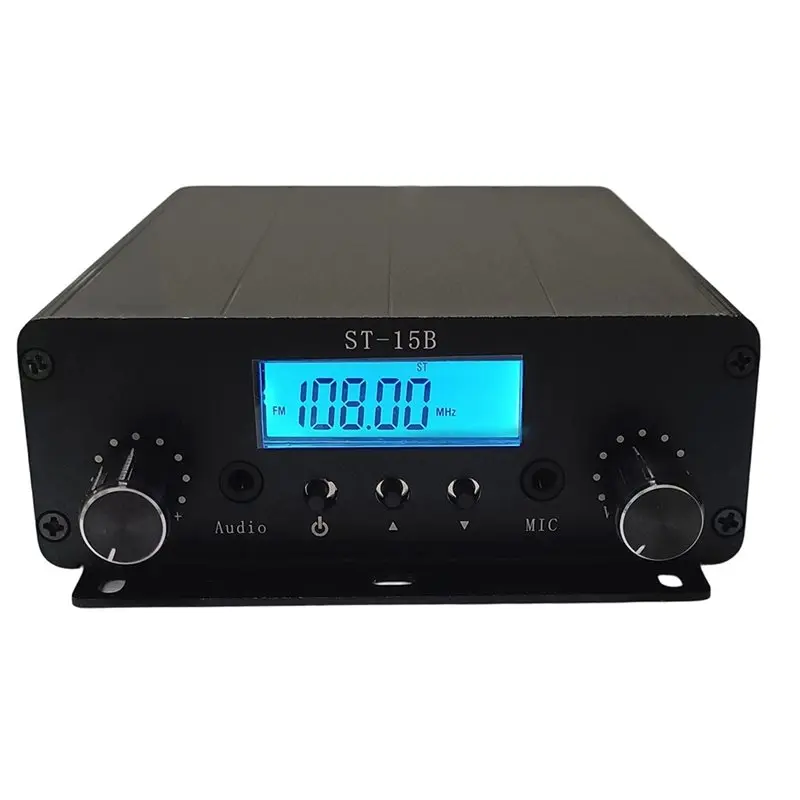 B03B-ST-15B V3 76Mhz- 108Mhz FM Broadcast Transmitter 15W Stereo Amplifier Audio+ Mic Input(BNC Interface)