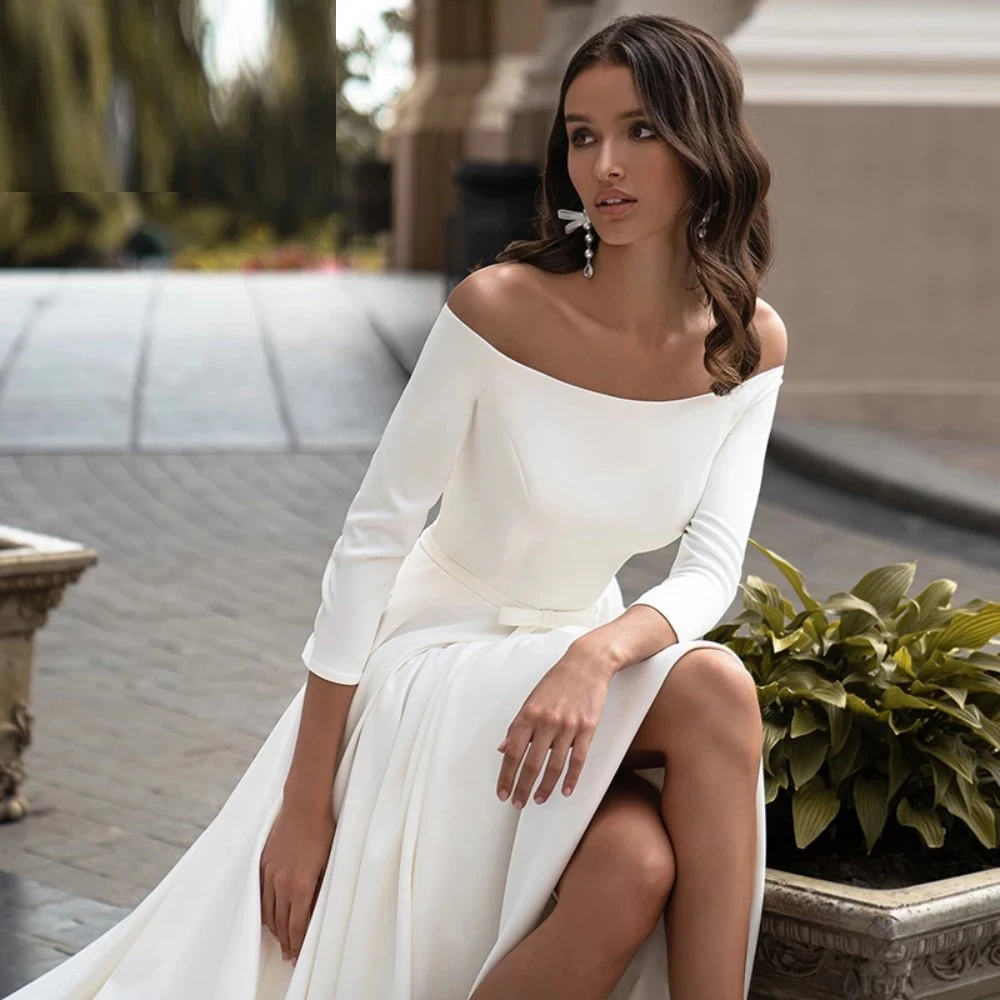 Ramanda Simple Satin Boat Neck Wedding Dress 2023 A-Line Long Sleeve Floor Length Bows Sash Bridal Gown Elegant Cвадебное платье