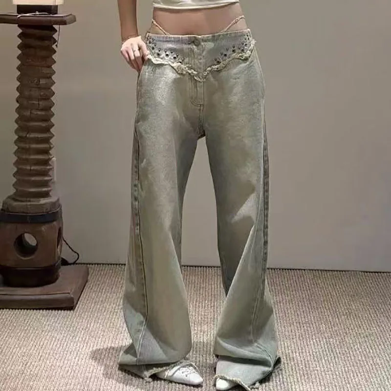 

Women's distressed denim jeans with studs, slim-fit patchwork cropped pants, high-quality wide-leg work pants, 2026, new , Y2K