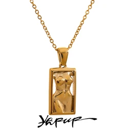 Yhpup Statement Body Square Pendant Stainless Steel Statement Necklace Gold Color Texture Metal Personalized Jewelry