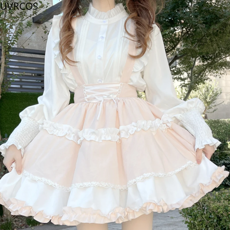 Japanese Kawaii Lolita Suspender Skirt Women Gothic Sweet Ruffles High Waist Bandage Skirts Girls Harajuku Y2k Mini Strap Skirt