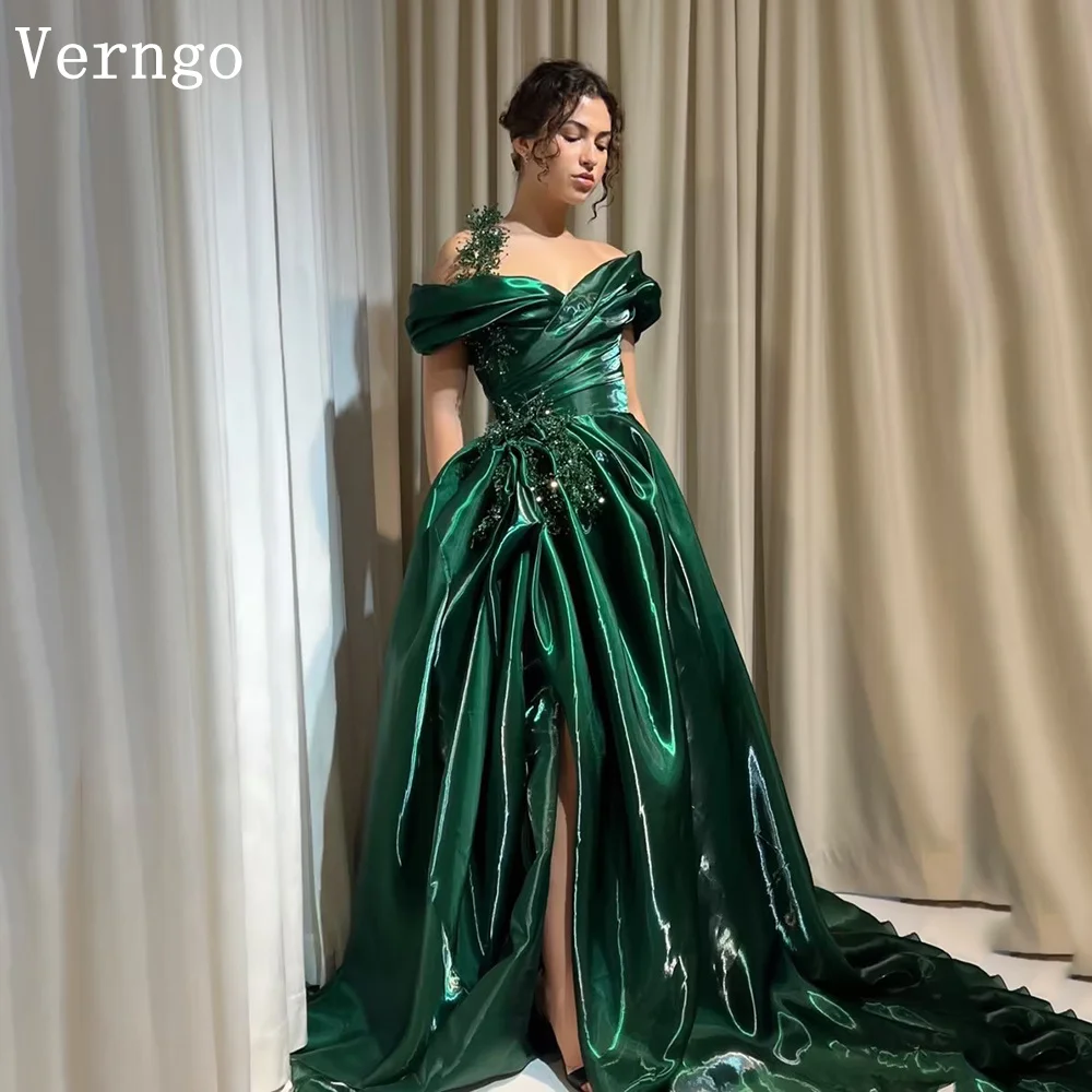 

Verngo Green Satin Shiny Evening Dress Off The Shoulder A Line Pleated Prom Gowns Women Elegant Prom Party Gowns Customized